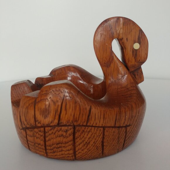 MCM Hand Carved Solid Wood Swan Trinket Bowl Natural Grain Succulent Planter Pot - Picture 4 of 9